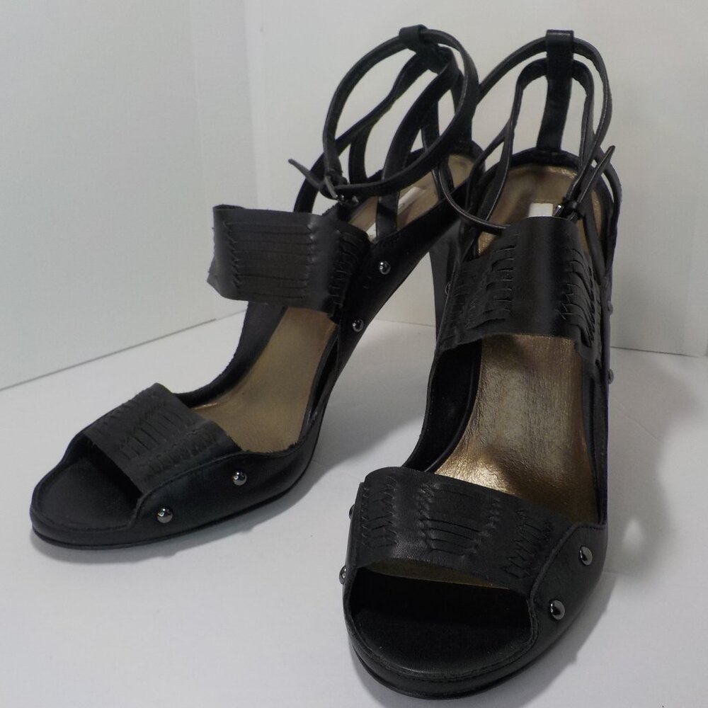 Cynthia Vincent, Black Leather Ankle Wrap, Open Toe High Heel Pumps